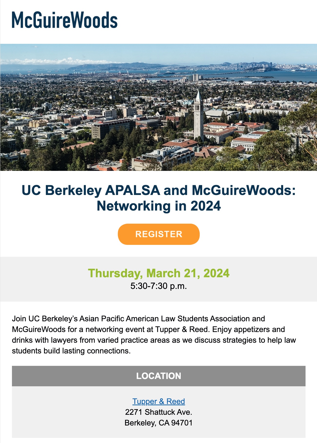 McGuireWoods x APALSA Networking Event at Tupper & Reed Berkeley Law